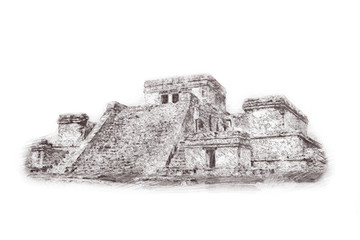 Hand drawn sketch of The ancient Pyramid of Kukulcan, or El Castillo, in Chichen Itza, Mexico. Illustration. Isolated on white background.