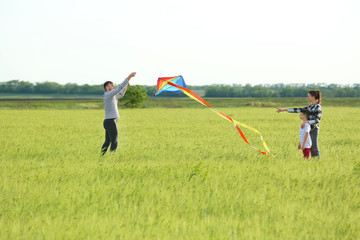 Wall Mural - Happy family flying kite in the field