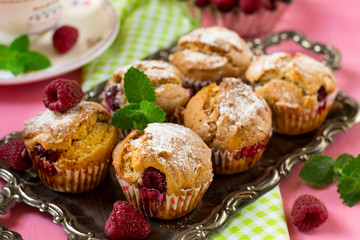 Wall Mural - Sweet raspberry muffins for tea and dessert