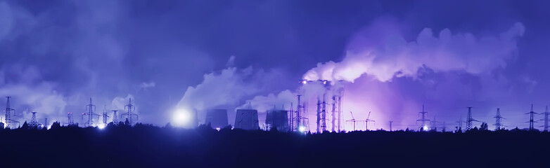 landscape night smoke pipe industry / factory landscape horizontal, concept pollution, smoke, ecology