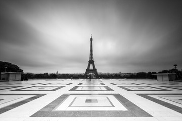 Beautiful view of the Eiffel tower seen from Trocadero square in Paris, France, in black and white
