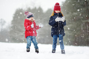 Two adorable little girls having fun together in beautiful winter park. Beautiful sisters playing in a snow.