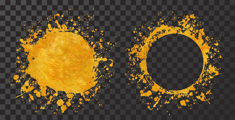 Wall Mural - Splatter gold round frame backgrounds paints set with golden splash on black.