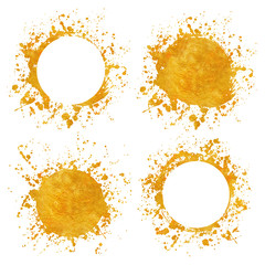 Wall Mural - Splatter gold round frame backgrounds paints set with golden splash on white.