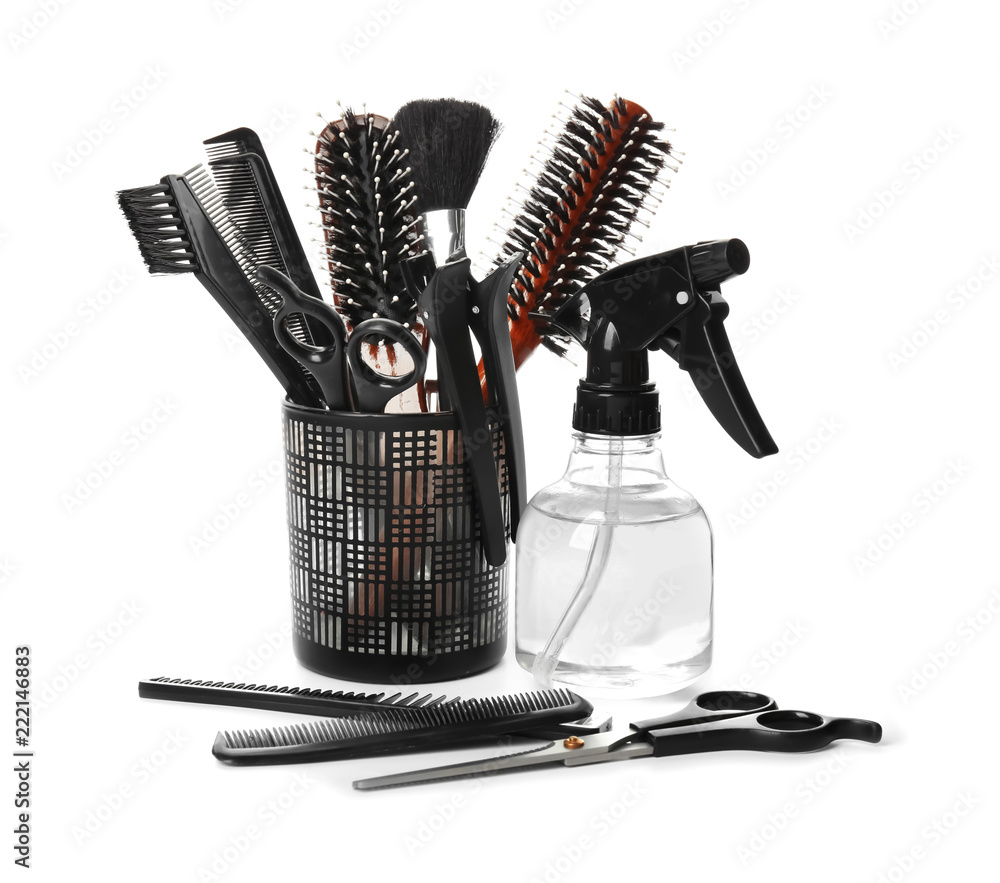 Professional hairdresser's set on white background