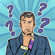 Businessman skeptical facial expressions face with question marks upon his head. Pop art retro vector illustration in comic style