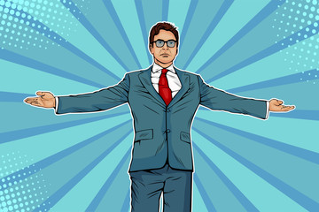 Wall Mural -  Businessman widely spread his arms as a winneer. Meeting other people. Domination and showing of success.  Vector illustration in pop art retro comic style