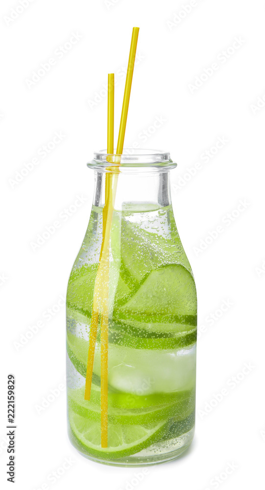 Bottle of fresh lime lemonade on white background