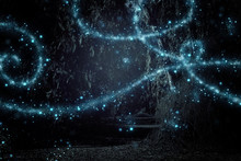 Abstract And Magical Image Of Firefly Flying In The Night Forest. Fairy Tale Concept.