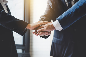 Aufkleber - Image of business people joining and putting hands together during their meeting, connection and collaboration concept, Teamwork process of partner and best relationship