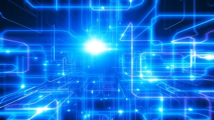 Beautiful Flight Inside CPU. Blue Moving Electrons on Tracks and Digital Data. Abstract 3d Animation Through Processor Elements Flashes. Digital Concept. Last 200 Frames Looped. 4k UHD 3840x2160.