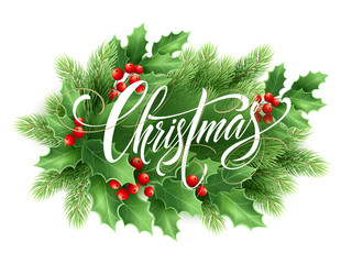 Wall Mural - Christmas lettering in holly tree wreath