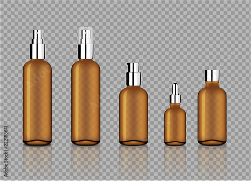 Download Mock Up Realistic Glossy Amber Transparent Glass With Metallic Cap For Cosmetic Soap Shampoo Cream Oil Dropper And Spray Bottles Set With Black Cap For Skincare Product Background Illustration Stock Vector