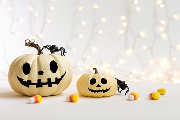 Wall Mural - Halloween pumpkins with spider on a shiny light background
