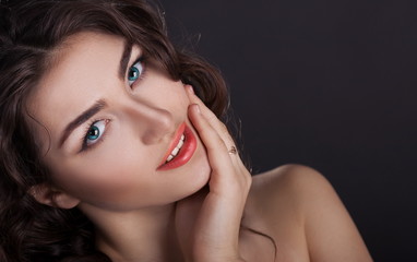  face, blue contact lenses, black background, fun