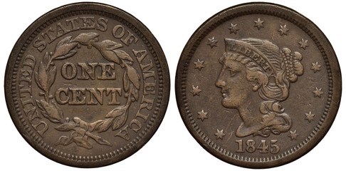 Wall Mural - United States coin 1 one cent 1845, big size type, value within circular laurel wreath, Liberty head surrounded by thirteen stars, date below,