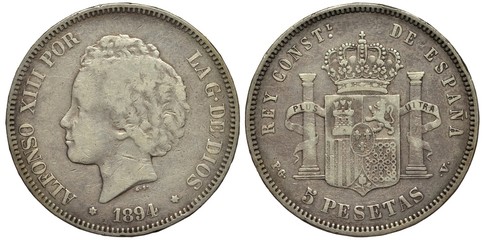 Spain Spanish silver coin 5 five pesetas 1894, younger head of King Alfonso XIII left, date below, crowned shield with tower, lion, stripes and chains flanked by pillars, 