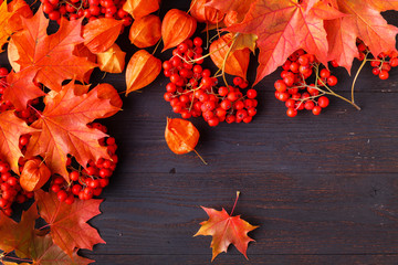 Wall Mural - autumn frame composition with fallen leaves on wooden with copy space for text. thanksgiving, hallow