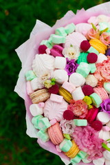 Flowers, fruit bouquet,  pink carnation, marshmallows, macaroons, nature