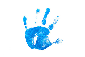 Blue kid hand print on white isolated