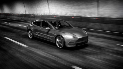 Wall Mural - Modern Electric car rides through tunnel 3d rendering