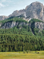 A picturesque panorama in the Dolomites. There are huge mountains covered with snow, coniferous forests, wild deserted place	