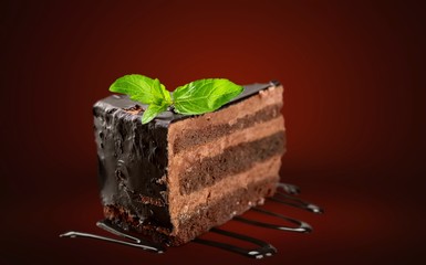 Canvas Print - Slice of chocolate cake with mint