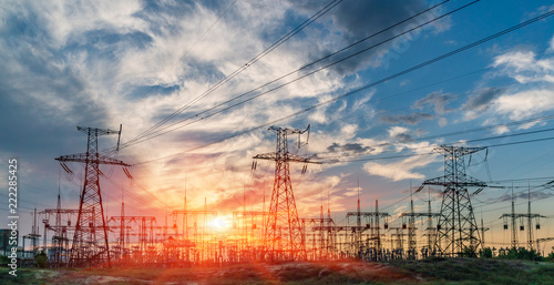 Fotomural distribution electric substation with power lines and transformers