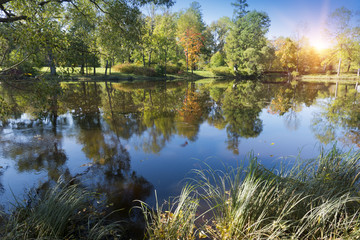 Wall Mural - Autumn park with the river.
