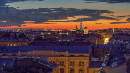 Aufkleber - Zoom in on city skyline as sunset changes to night. St Petersburg, Russia. Timelapse.