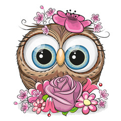 Sticker - Cartoon Owl with flowerson a white background