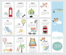 Travel Monthly Calendar 2019 With Bus,world,airplane,balloon,car,suitcase,sea,beach,star Fish And Coconut Tree