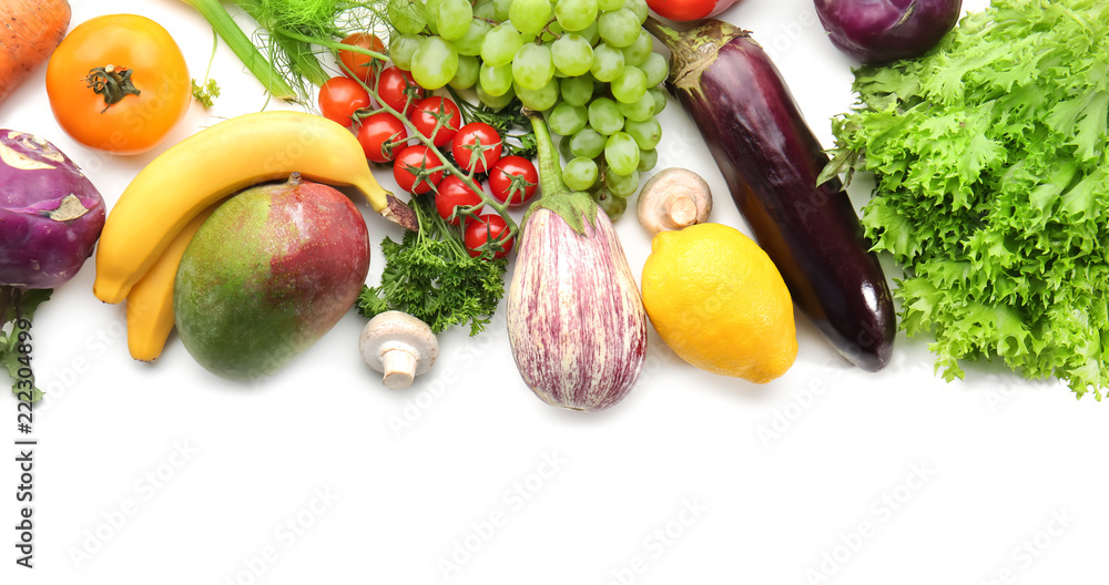 Composition with fresh vegetables and fruits on white background