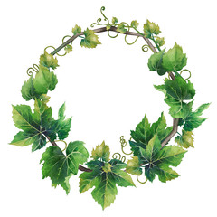 Watercolor wreath made of green grape leaves with curly elements