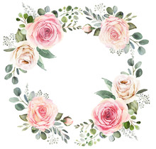 Watercolor Floral Wreath Composition With Roses And Eucalyptus