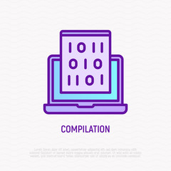 Wall Mural - program compilation thin line icon: opened laptop with code. modern vector illustration.