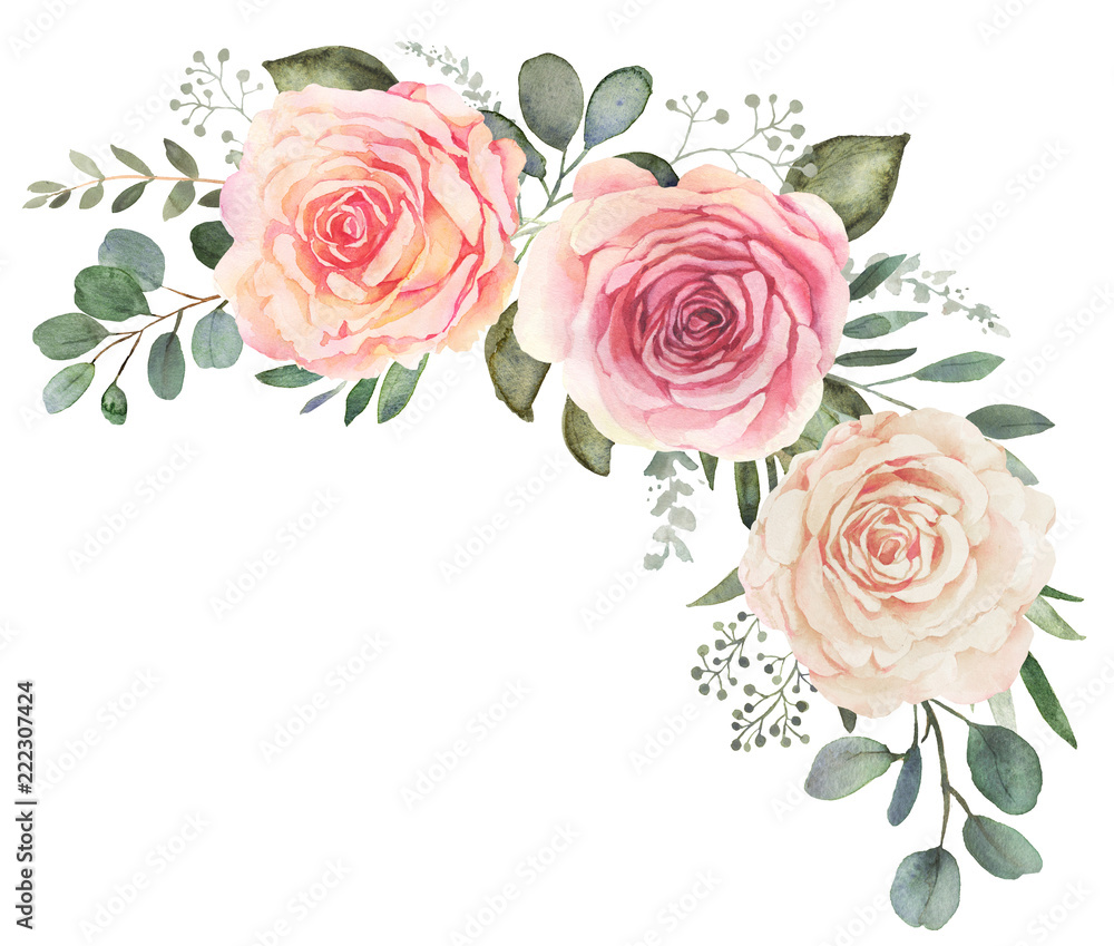 Watercolor floral bouquet composition with roses and eucalyptus - obrazy, fototapety, plakaty 