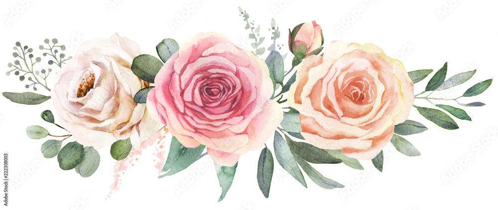 Watercolor floral bouquet composition with roses and eucalyptus - obrazy, fototapety, plakaty 