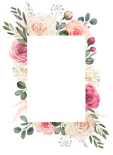 Watercolor Floral Frame Composition With Roses And Eucalyptus