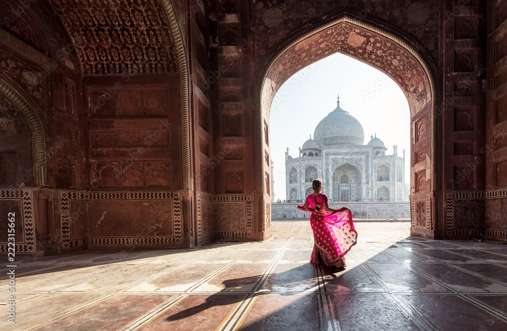 Woman in sari at Taj Mahal - obrazy, fototapety, plakaty 