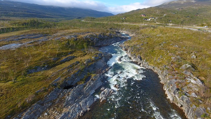Aerial view of Norway landscape, river in a nice sunny day