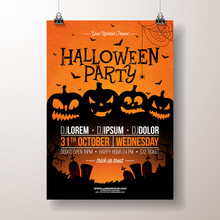 Halloween Party Flyer Vector Illustration With Scary Faced Pumpkins On Orange Background. Holiday Design Template With Cemetery And Flying Bats For Party Invitation, Greeting Card, Banner Or