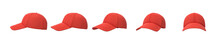 3d Rendering Of Five Red Baseball Caps Shown In One Line From Side To Front View On A White Background.
