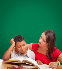 Canvas Print - Blank Chalk Board Behind Hispanic Young Boy and Famale Adult Studying