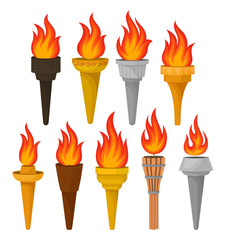 Wall Mural - Set of different torches with brightly burning fire. Hot red-orange flame. Flat vector for mobile game or advertising poster