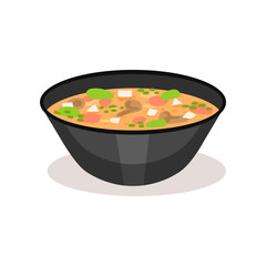 Poster - Appetizing soup in black ceramic bowl. Traditional Asian food. Flat vector element for promo poster or cafe menu