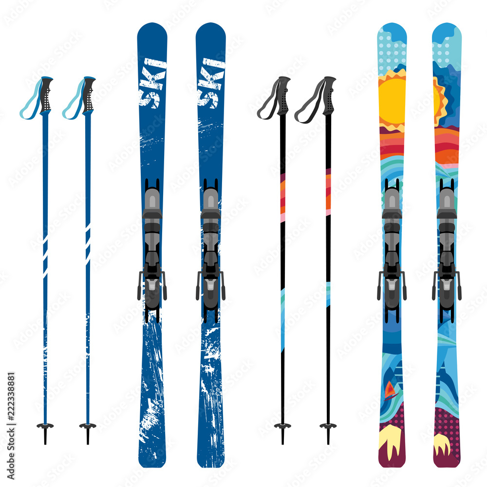 Vector mountain ski and sticks detailed on white background. Mountain skis and sticks sport equipment - obrazy, fototapety, plakaty 