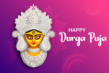 Goddess Durga Face in Happy Durga Puja Subh Navratri background