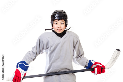 Fototapeta na szkło Junior Boy Ice Hockey Player Isolated on White Background