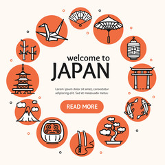 Sticker - Japan Travel and Tourism Concept Card Round Design. Vector